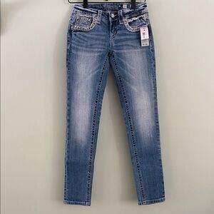 Miss Me Girls Denim Jeans Embellished Flap Rear Pockets Rhinestones, beads NWT